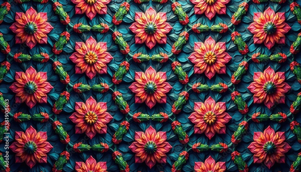 Intricate floral motifs within a tessellated hexagon pattern , design element, shape, motif Intricate floral motifs within a tessellated hexagon pattern , design element, shape, motif