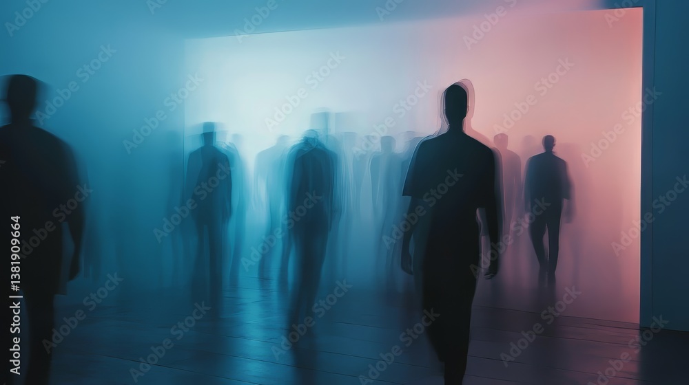 Blurred figures walking through a brightly lit doorway with blue and pink lighting, creating a surreal effect. Blurred figures walking through a brightly lit doorway with blue and pink lighting, creating a surreal effect.