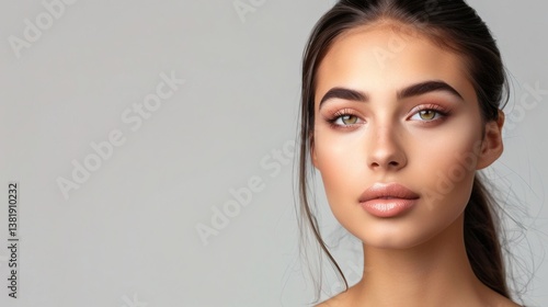 Close-up portrait of a young woman with flawless makeup, defined features, and a direct gaze against a light, neutral background.
