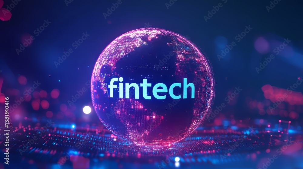 Naklejka premium Digital globe with financial tech text overlay, representing global finance and modern technology.