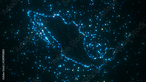 Futuristic digital visualization of Mexico map composed of glowing blue particles. The abstract cosmic design gives a sci-fi atmosphere with a modern and technological feel.