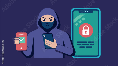 A hacker trying to bypass a biometric locked phone but being rejected as their face does not match the preregistered data.. Vector illustration