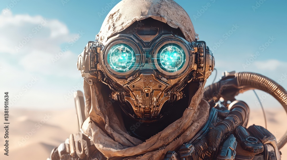 Obraz premium A robot with blue eyes and a white helmet stands in a desert