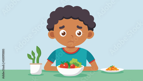 A child looks slightly disappointed as they examine the days vegetarian option a quinoa and vegetable stir fry.. Vector illustration