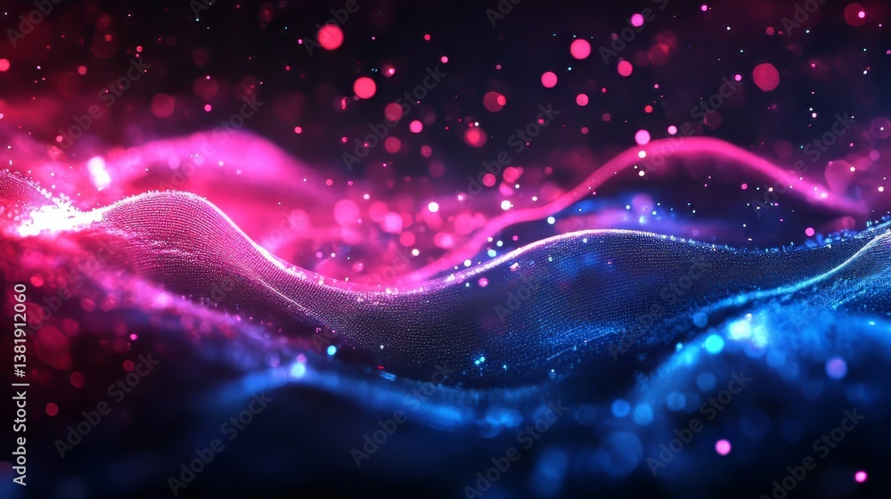 Fototapeta premium Abstract wave of flowing particles in pink and blue with bokeh, creating a dreamy, otherworldly effect.