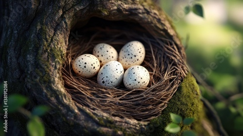 Eggs in Nest Inside Tree Trunk Hole Spring Nature