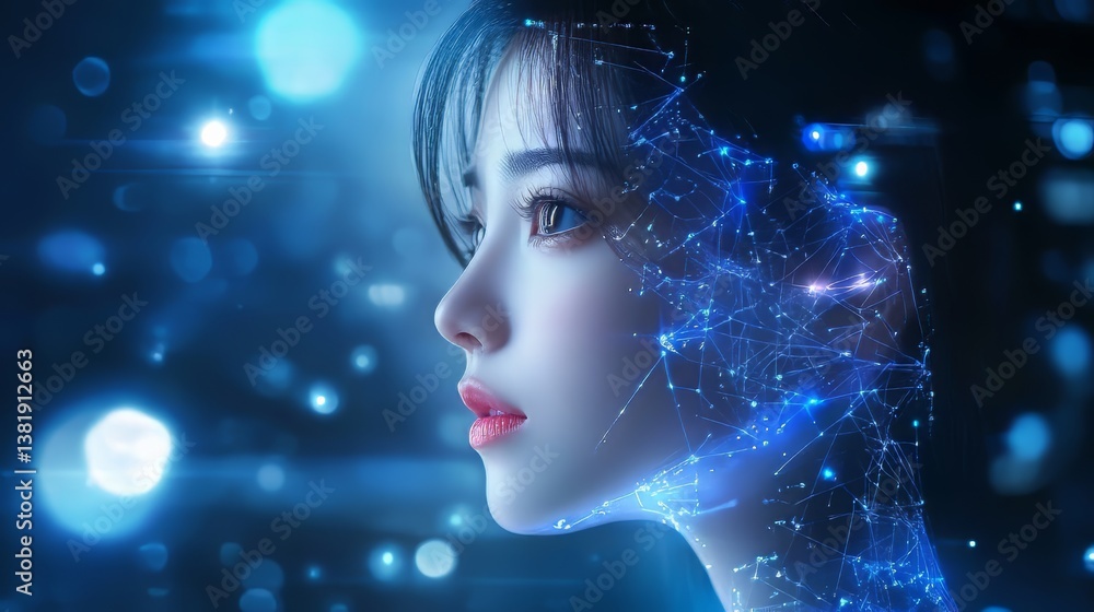 Woman with digital network face, illuminated by blue light, blending beauty and technology concepts. Woman with digital network face, illuminated by blue light, blending beauty and technology concepts.
