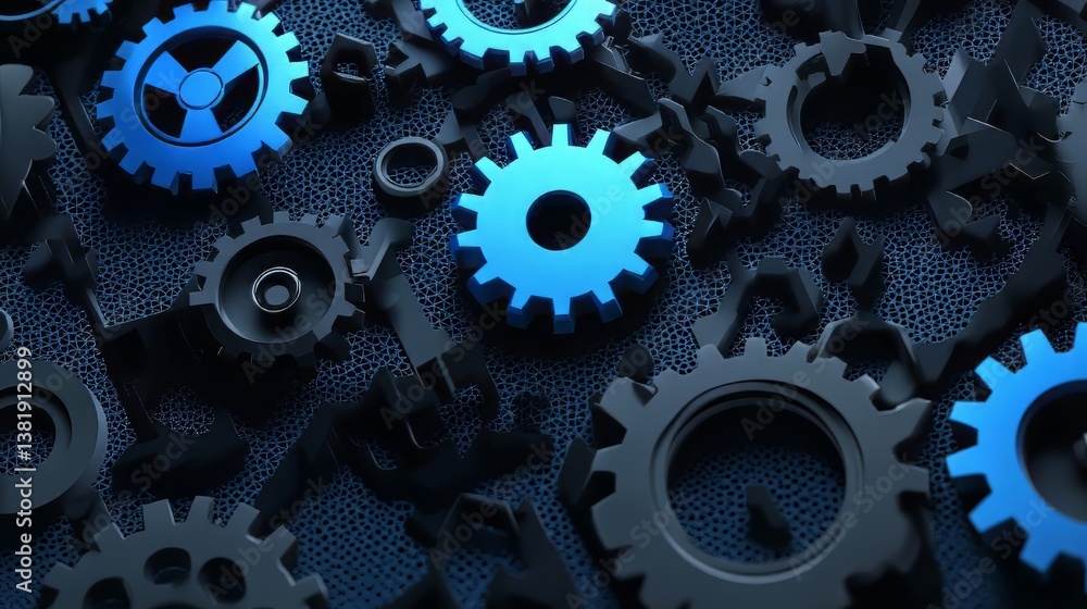 Gears and mechanical parts arranged together on a blue textured surface. A conceptual abstract. Gears and mechanical parts arranged together on a blue textured surface. A conceptual abstract.