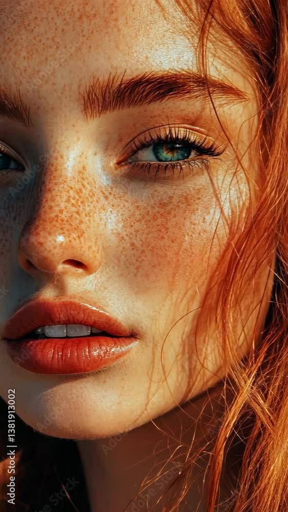 Close-up of a young woman with striking freckles and vibrant red hair in warm sunlight Close-up of a young woman with striking freckles and vibrant red hair in warm sunlight