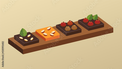 A single row of dark chocolate squares each one topped with a different type of nut or dried fruit displayed on a wooden ting board.. Vector illustration