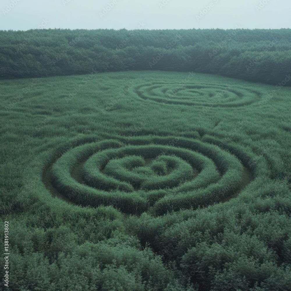Aerial view of concentric circular patterns carved into dense green foliage under overcast skies showcasing nature art Aerial view of concentric circular patterns carved into dense green foliage under overcast skies showcasing nature art