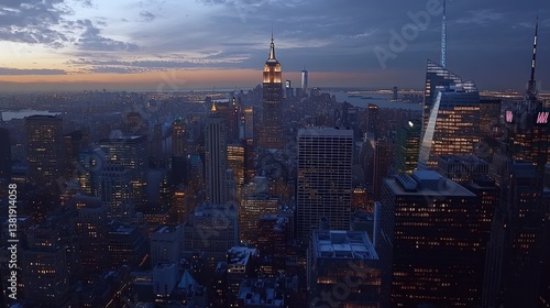 City Skyline at Dusk High Angle View with Building Illumination