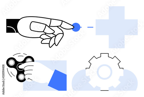 Robotic hand pointing at dot, fidget spinner in human hand, cogwheel and plus sign for synergy. Ideal for technology, innovation, automation, teamwork, health creativity problem-solving. Flat