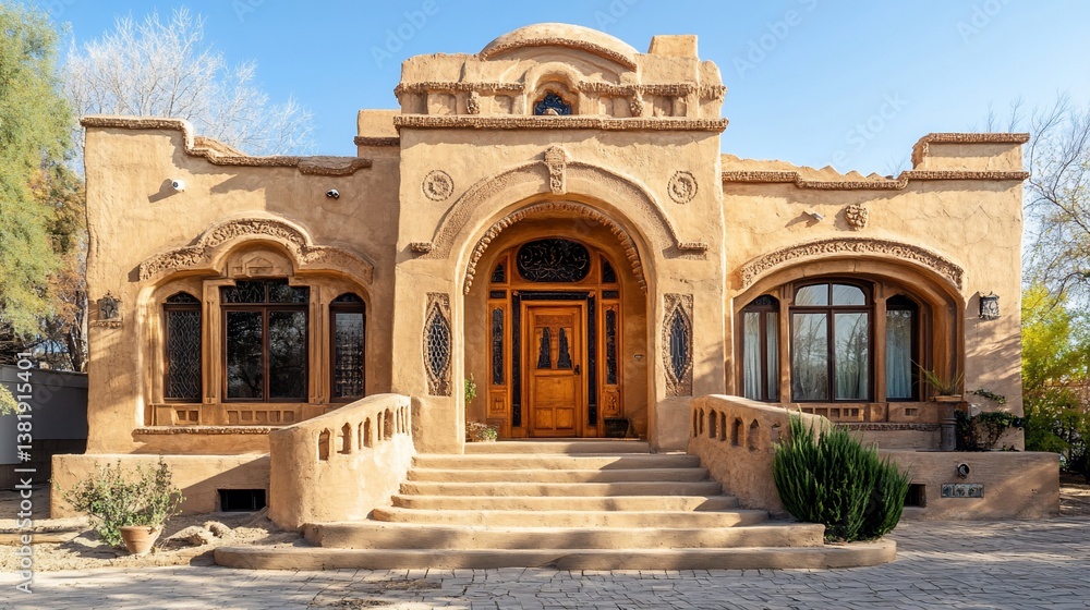 Obraz premium Exterior view of a stucco building with a grand staircase and intricate details on a sunny day