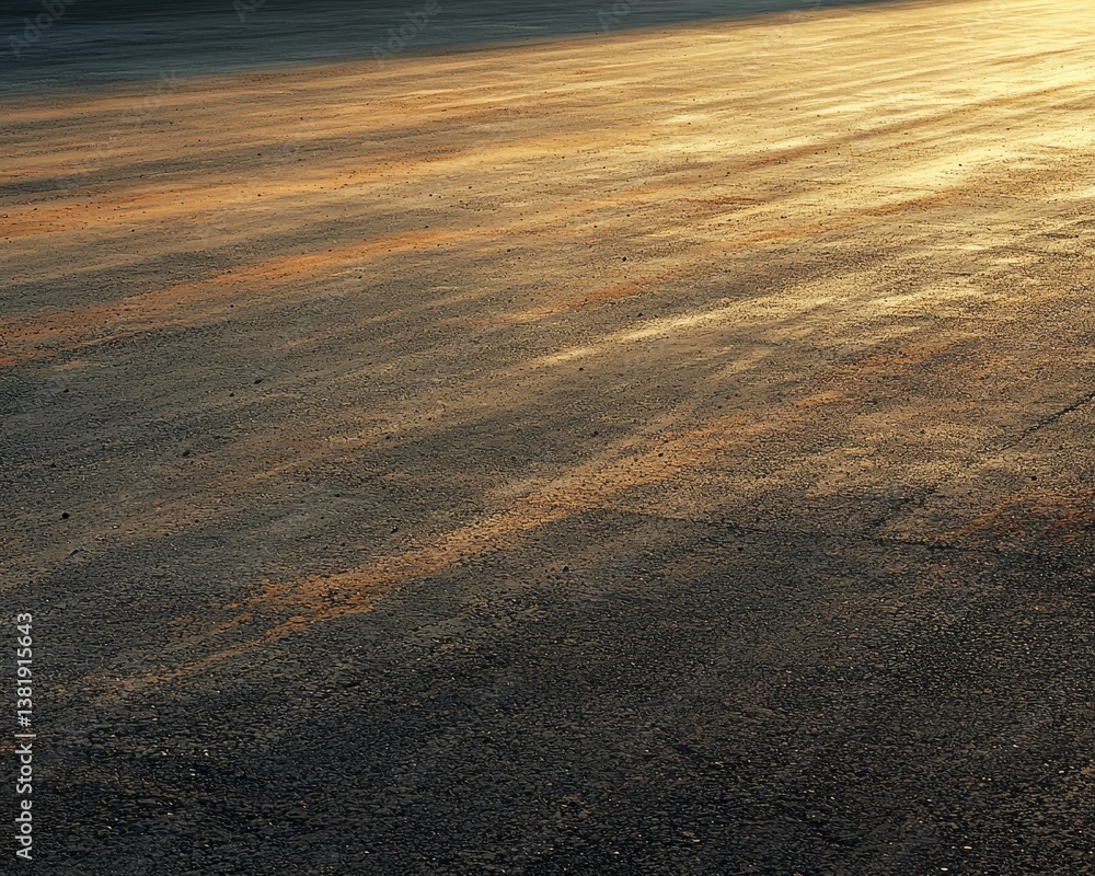 Fototapeta premium Morning light blankets a runway stretching toward horizon, radiant sun rising over quiet terminal, casting shadows and golden reflections on smooth tarmac