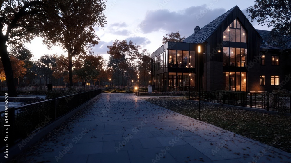 Evening urban scene with illuminated building and trees. A pathway leads toward a modern structure with glowing windows under a twilight sky. Fallen leaves on the ground add autumnal ambiance Evening urban scene with illuminated building and trees. A pathway leads toward a modern structure with glowing windows under a twilight sky. Fallen leaves on the ground add autumnal ambiance