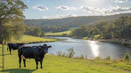 Two black cows graze in a lush green pasture beside a calm river, rolling hills and blue sky in background.