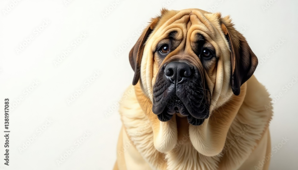 Imposing mastiff, intense gaze, pure white backdrop, furry friend, background, animal photography Imposing mastiff, intense gaze, pure white backdrop, furry friend, background, animal photography