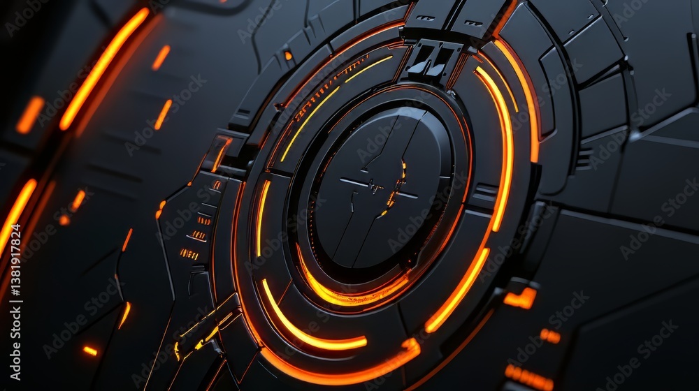 Obraz premium Futuristic tech: close-up of a sleek, dark metal surface with glowing orange accents in a circular pattern.