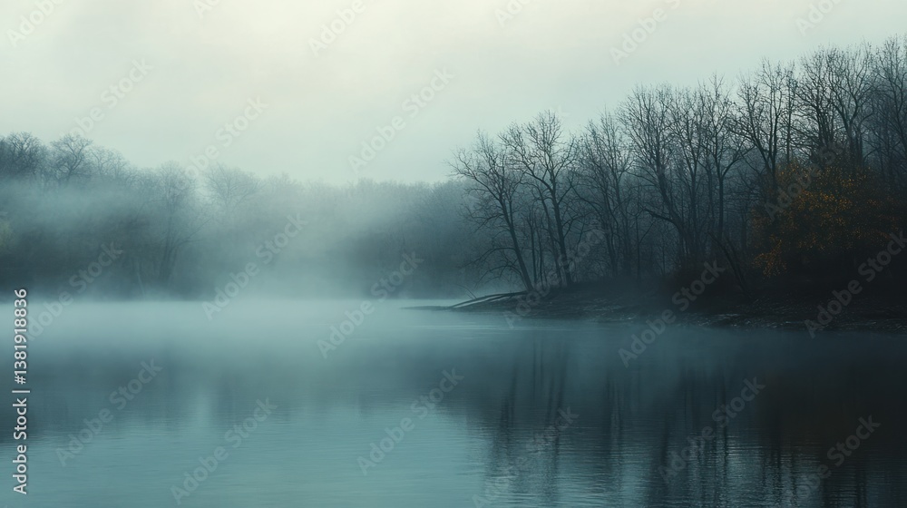 Fog Rolling Across Calm Lake with Bare Trees on Shoreline Fog Rolling Across Calm Lake with Bare Trees on Shoreline