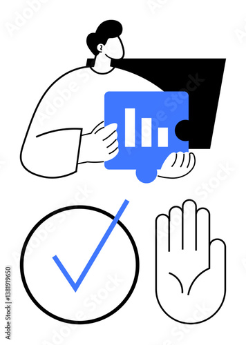 Person holding data chart puzzle piece, blue check mark inside circle, open palm for stop gesture. Ideal for decision-making, choices, analytics, problem-solving, success, evaluation flat simple