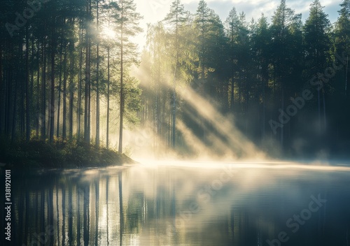 Wallpaper Mural Serene morning sunlight streaming through misty forest reflections on a calm lake Torontodigital.ca