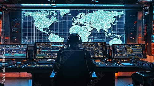 Intense Security Control Center with Illuminated World Map and Complex Data Screens with Futuristic Cyberpunk Aesthetics and Dark Blue and Orange Color Scheme