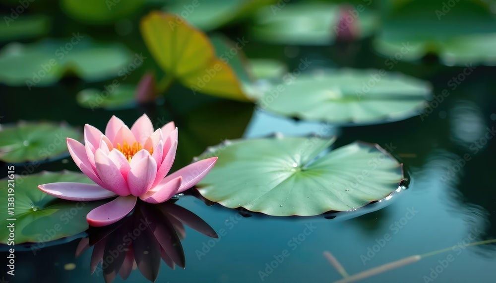 Water lilies form a delicate floral pattern across tranquil lake, closeup, image, design Water lilies form a delicate floral pattern across tranquil lake, closeup, image, design