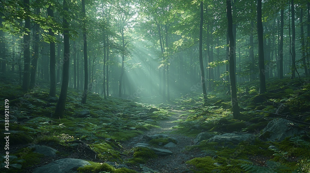 Obraz premium Sunlit Forest Path Tranquil Nature Scene