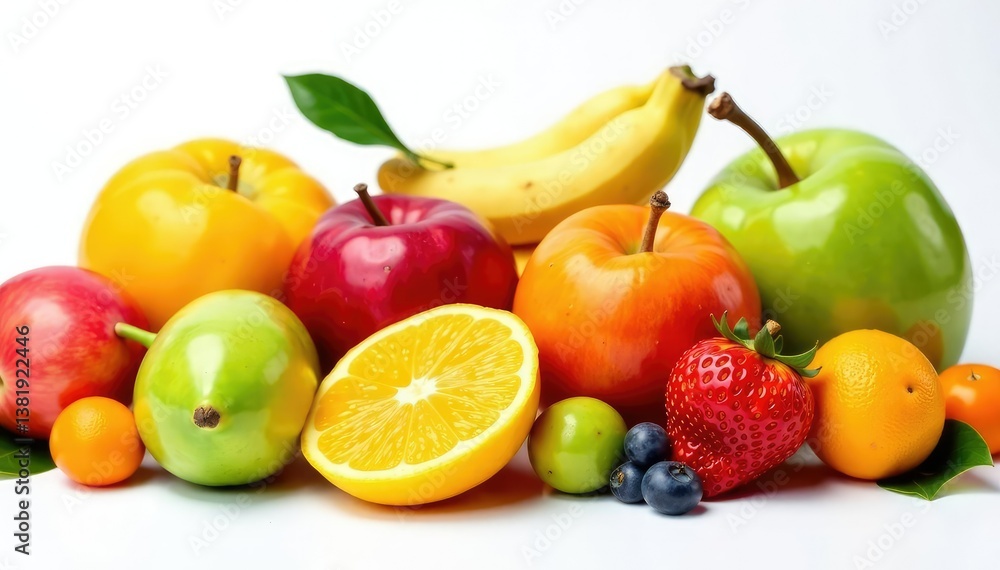 Assortment of organic fruits on white backdrop, apples, colorful Assortment of organic fruits on white backdrop, apples, colorful