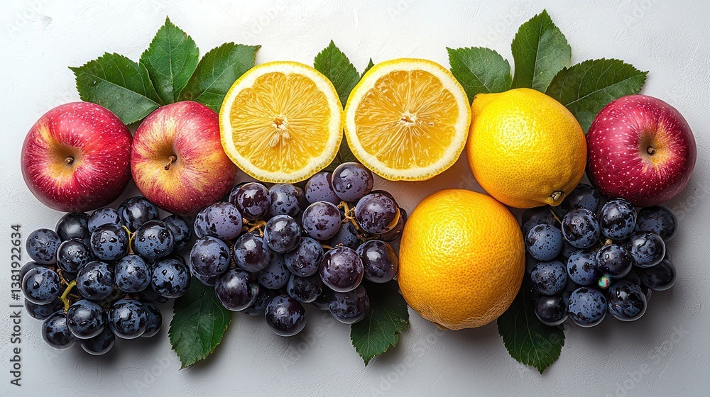 Assortment of Fresh Autumn Fruits Including Apples Oranges Grapes and Lemons Arranged on a White Background Healthy Organic Produce for a Balanced Diet and Nutritious Lifestyle Assortment of Fresh Autumn Fruits Including Apples Oranges Grapes and Lemons Arranged on a White Background Healthy Organic Produce for a Balanced Diet and Nutritious Lifestyle
