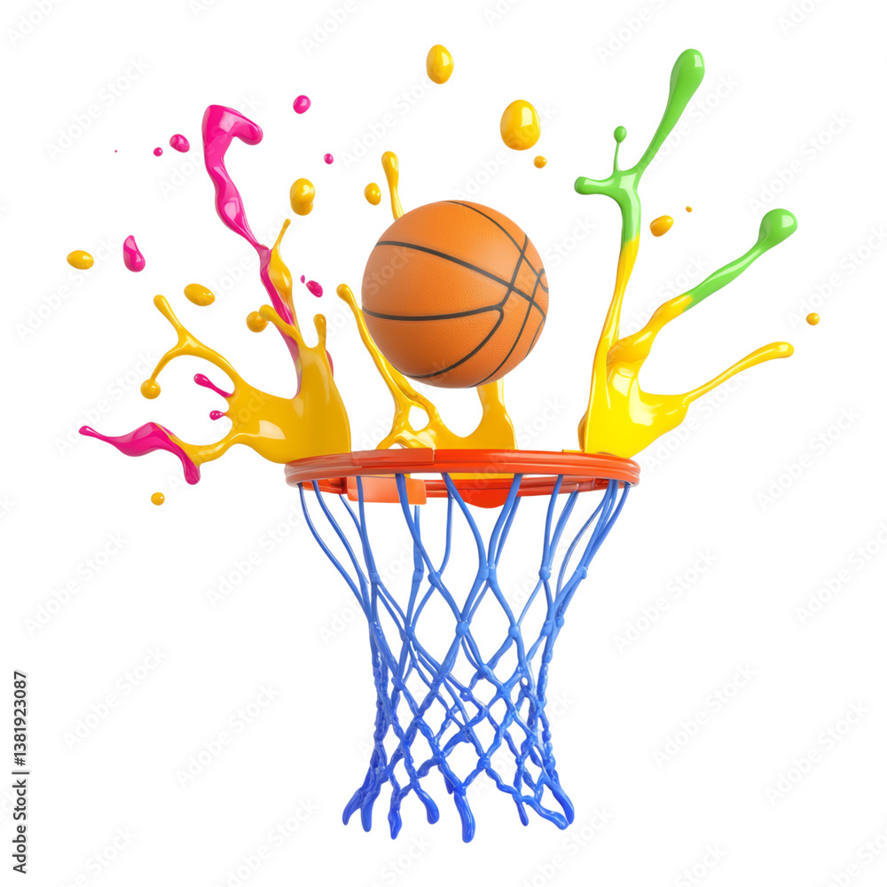 Colorful Splashes with Basketball in Mid-Air Shot Colorful Splashes with Basketball in Mid-Air Shot