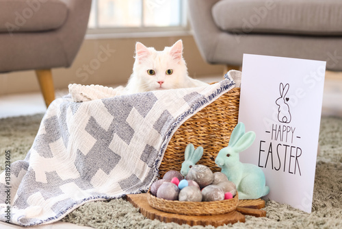Cute white cat in wicker ba...