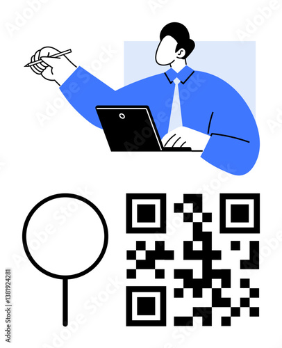 Business professional working on laptop, analyzing data. Includes magnifying glass and QR code elements. Ideal for technology, business, analysis, innovation, research, marketing digital identity