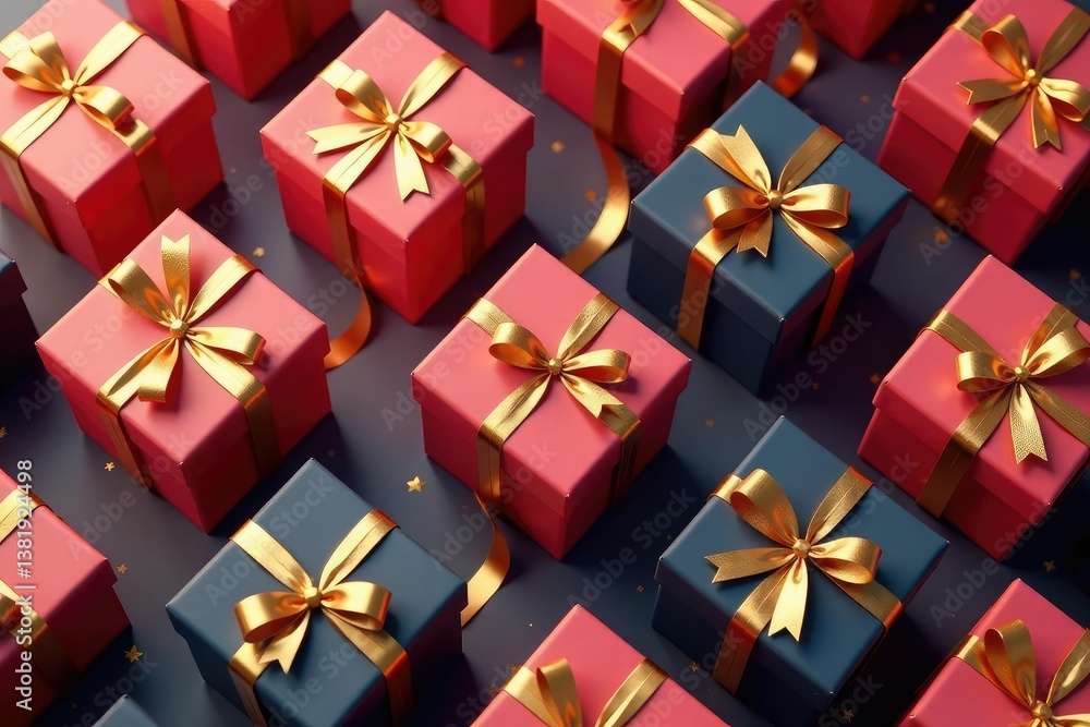 Elegant repeating gift box pattern, gold ribbon accents, detail, wrapping Elegant repeating gift box pattern, gold ribbon accents, detail, wrapping