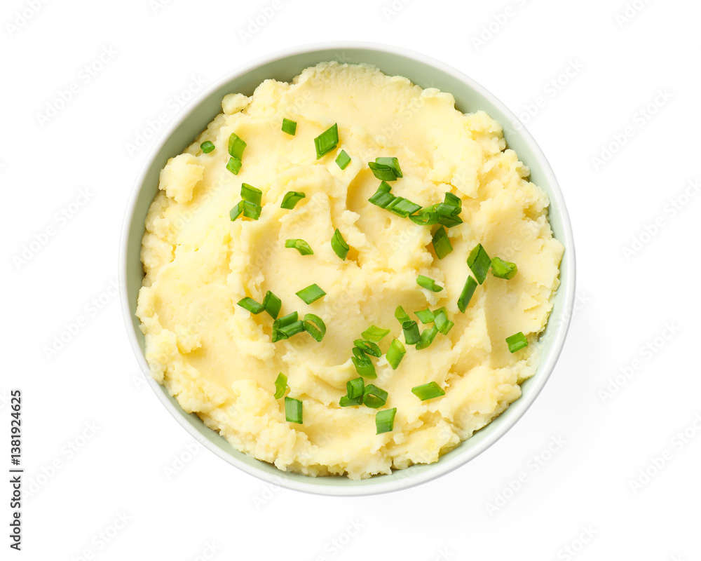 Delicious mashed potato with green onions in bowl isolated on white, top view Delicious mashed potato with green onions in bowl isolated on white, top view