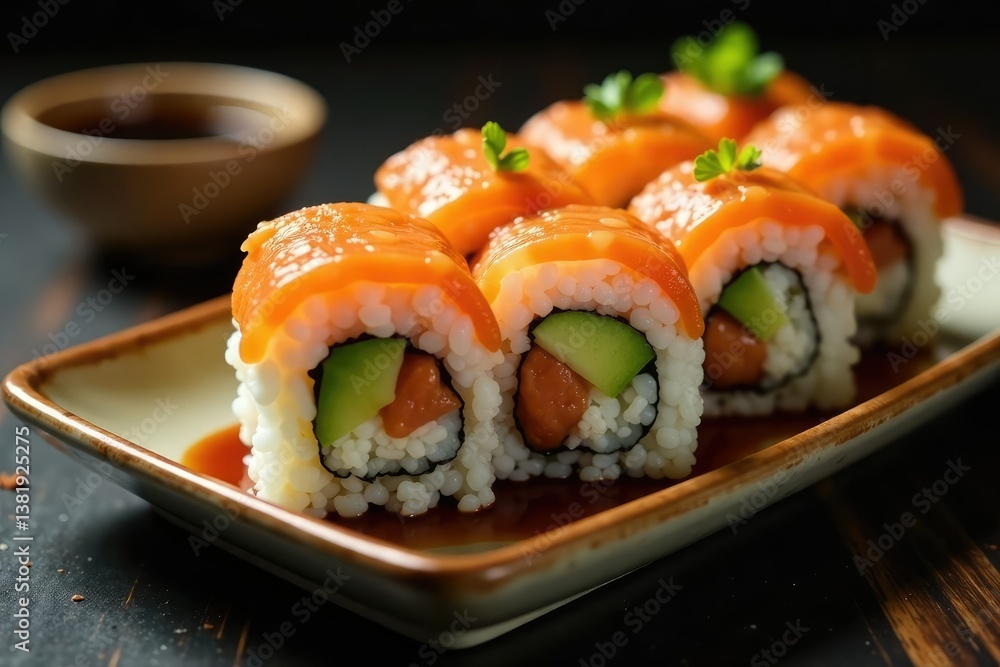 Various sushi rolls, soy sauce, wasabi, ginger, raw, sushi Various sushi rolls, soy sauce, wasabi, ginger, raw, sushi