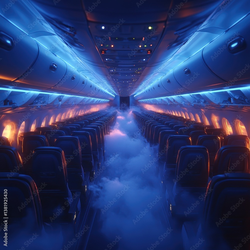 Fototapeta premium Ethereal interior of a futuristic commercial airplane cabin with dramatic blue and orange lighting creating a surreal and mysterious ambiance for the passengers journey through the sky