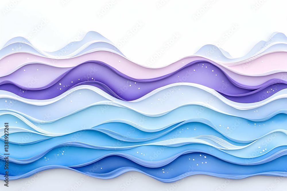 Fototapeta premium Abstract layered paper waves in blue, purple, and white with sparkle accents. generative ai