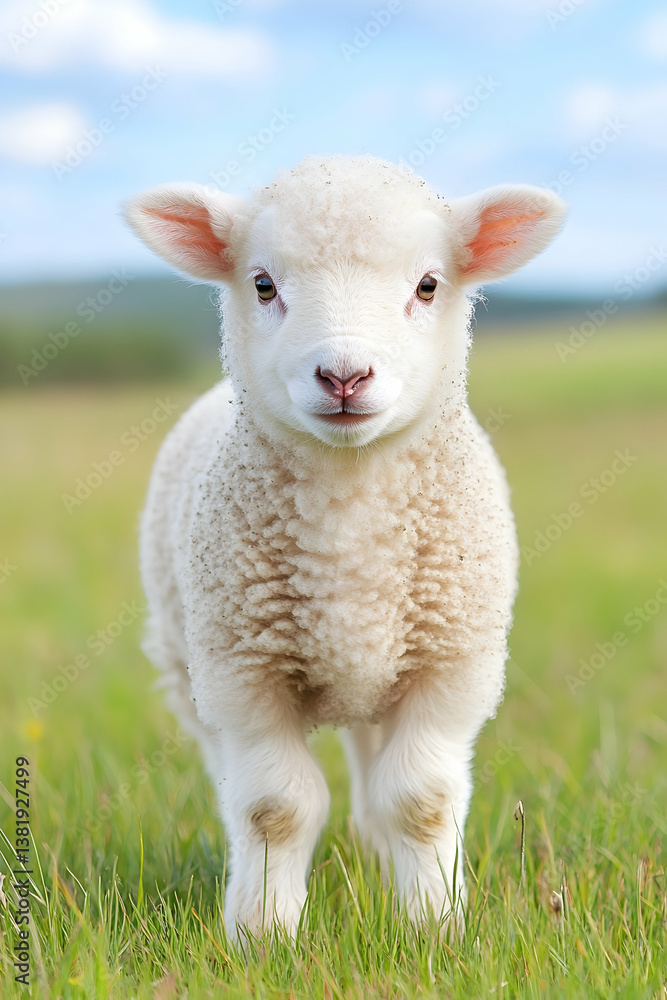 Fototapeta premium Adorable fluffy lamb standing in a lush green pasture, looking directly at the camera. generative ai