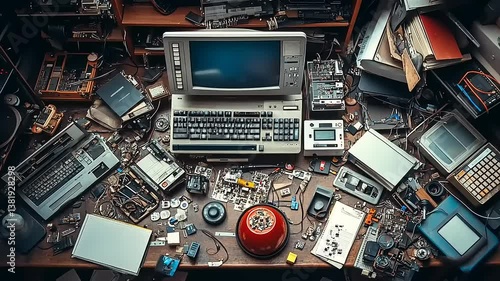 Overhead View of a Computer Components Mess on a Wooden Desk with a Central Vintage Computer and Monitor in a Dim Lit Room