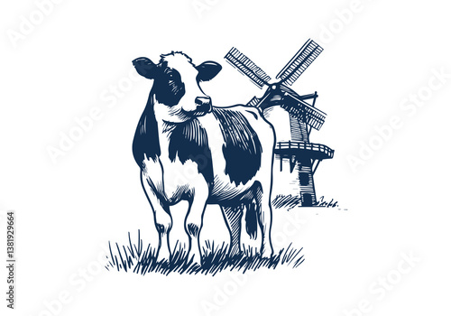 Holstein Friesian cattle hand drawn vector illustration