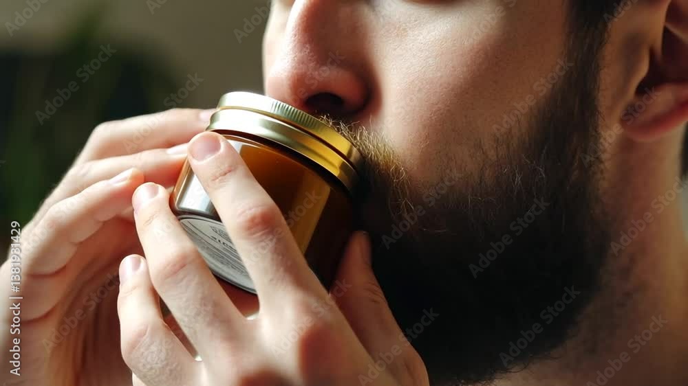 Close-up of a bearded man inspecting a jar of cream, seemingly assessing its quality. Close-up of a bearded man inspecting a jar of cream, seemingly assessing its quality.