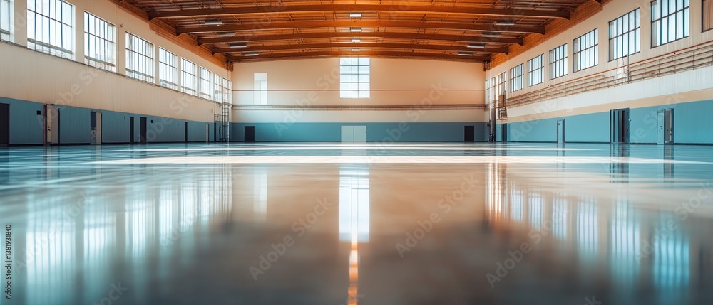 © purnama - Vast empty gymnasium hall with polished floor reflecting sunlight © purnama - Vast empty gymnasium hall with polished floor reflecting sunlight
