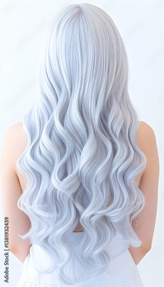 Naklejka premium Long, wavy, platinum blonde hair cascading down a woman's back against a white background. generative ai