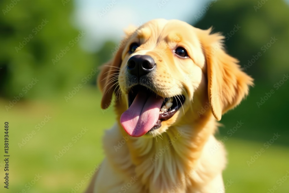 Playful golden retriever puppy looks up, tongue out , retriever, doggy, isolated Playful golden retriever puppy looks up, tongue out , retriever, doggy, isolated