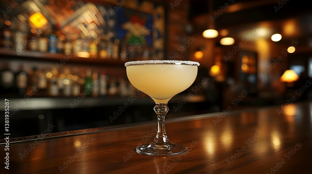 Salted-rim cocktail on bar, bokeh background Salted-rim cocktail on bar, bokeh background