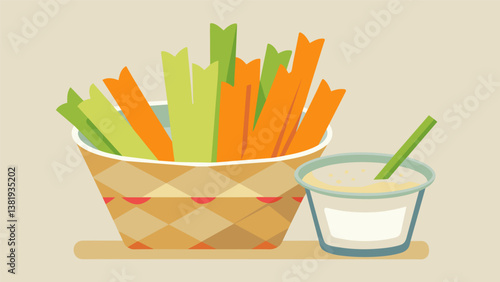 A basket of crunchy celery and carrot sticks accompanied by a creamy ranch dip a refreshing snack for a summer afternoon watching a cricket match.. Vector illustration