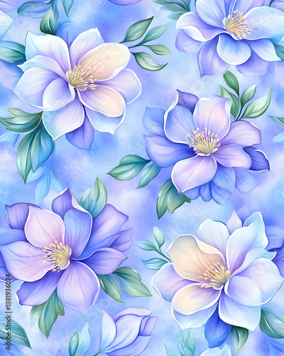 Soft blue floral pattern with large blossoms and green leaves on a watercolor background. generative ai