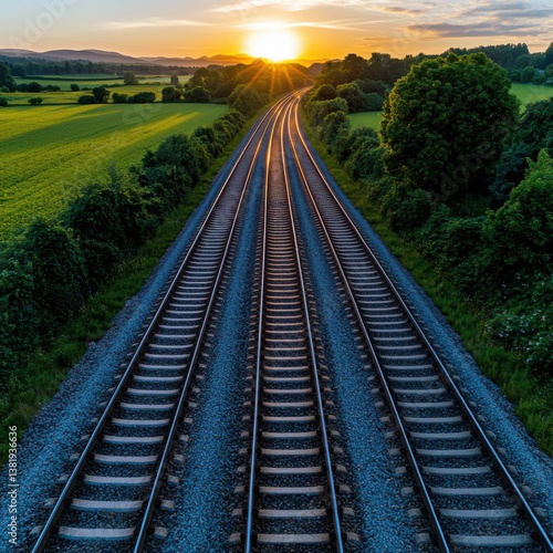 A breathtaking aerial view captures a picturesque sunset over sprawling green fields with three parallel train tracks vanishing into the horizon offe a captivating abstract